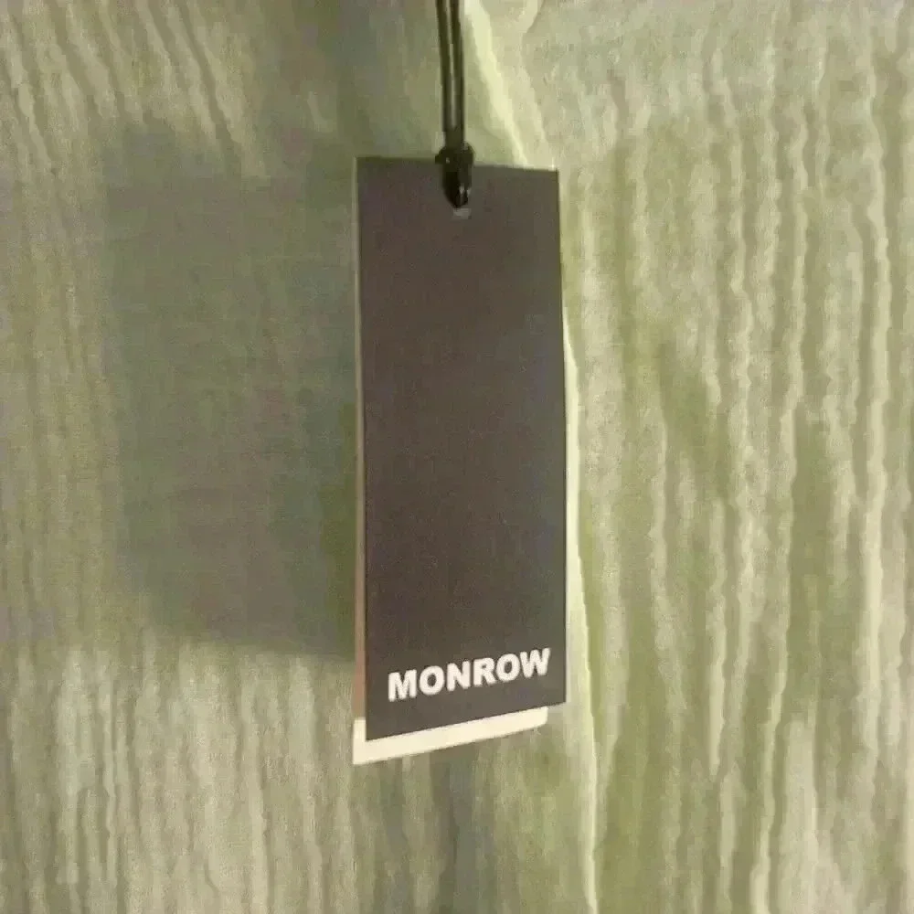 Monrow Top Womens Small Green Twist Front Button Shirt Crinkle Cotton Beach - Picture 2 of 9